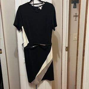 Cato Black Dress with Cream Diagonal Panels